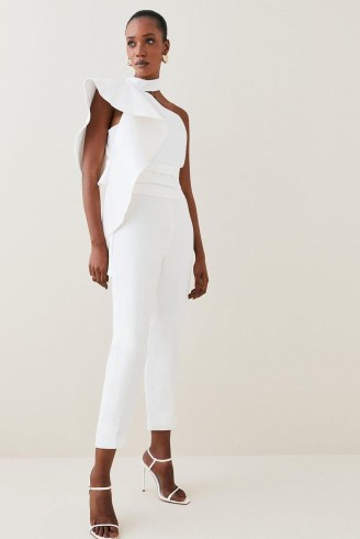 KAREN MILLEN Ivory Satin Back Crepe Ruffle Sleeve Jumpsuit in Ivory | glamorous ruffled one shoulder occasion jumpsuiys | party glamour | statement ruffles