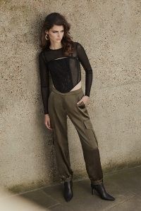 KAREN MILLEN Satin Crepe Luxe Utility Trouser ~ luxe utilitarian fashion ~ women’s green side pocket trousers