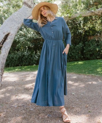JENNI KAYNE Seersucker Shirt Dress in Ink ~ blue striped ankle length summer dresses ~ women’s minimalist fashion - flipped