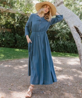 JENNI KAYNE Seersucker Shirt Dress in Ink ~ blue striped ankle length summer dresses ~ women’s minimalist fashion