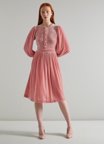 L.K. BENNETT Sigrid Pink Velvet Smocked Dress ~ luxurious fabric party dresses ~ crystal embellished buttons ~ smocked bodice - flipped