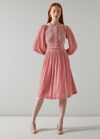 L.K. BENNETT Sigrid Pink Velvet Smocked Dress ~ luxurious fabric party dresses ~ crystal embellished buttons ~ smocked bodice