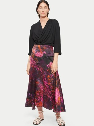 JIGSAW X ELLEN MAE WILLIAMS Silk Paint Drops Midi Skirt – asymmetric printed fluid fabric skirts - flipped