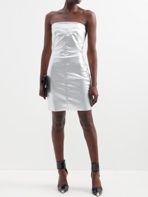 RICK OWENS Bandeau-neckline metallic-denim mini dress in silver | strapless evening dresses | fitted silhouette | glamorous party fashion | MATCHESFASHION