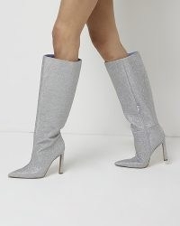 RIVER ISLAND SILVER GLITTER KNEE HIGH HEELED BOOTS ~ women’s glittering pointed toe stiletto heel boots