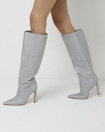 RIVER ISLAND SILVER GLITTER KNEE HIGH HEELED BOOTS ~ women’s glittering pointed toe stiletto heel boots