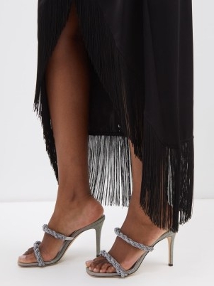 SERENA UZIYEL Roxana 90 braided-strap leather mules in silver ~ luxe evenin g mule sandals ~ glamorous stiletto heel occasion shoes ~ MATCHESFASHION ~ square toe