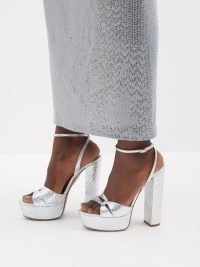 AQUAZZURA Sinner Plateau 140 metallic-leather sandals in silver ~ 70s inspired glamour ~ glamorous block heel ankle strap platform shoes ~ luxe evening platforms
