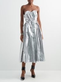 ALEXANDER MCQUEEN Sweetheart-neckline metallic dress in silver ~ strapless fit and flare occasion dresses ~ shiny designer event fashion ~ MATCHESFASHION ~ gathered pleat detail design