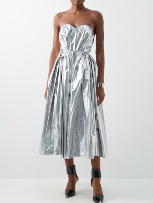 ALEXANDER MCQUEEN Sweetheart-neckline metallic dress in silver ~ strapless fit and flare occasion dresses ~ shiny designer event fashion ~ MATCHESFASHION ~ gathered pleat detail design - flipped