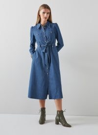 L.K. Bennett Sisi Denim Cotton-Tencel Shirt Dress | long puff sleeved tie waist dresses | shirt dresses with a 70s vintage feel