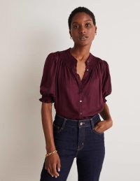 Boden Smocked Silk Blouse Mulled Wine Purple | puff sleeved blouses | autumn colours | tops with short puffed sleeves