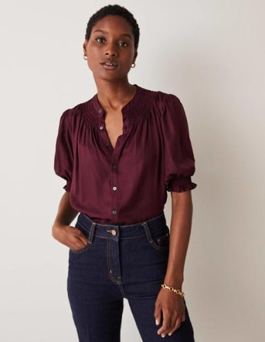 Boden Smocked Silk Blouse Mulled Wine Purple | puff sleeved blouses | autumn colours | tops with short puffed sleeves - flipped
