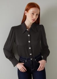 L.K. Bennett Sonya Black Crepe Crystal Button Blouse | luxe retro blouses | women’s 70s vintage inspired fashion | womens 1970s style clothes