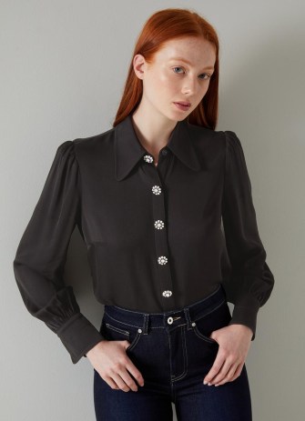 L.K. Bennett Sonya Black Crepe Crystal Button Blouse | luxe retro blouses | women’s 70s vintage inspired fashion | womens 1970s style clothes