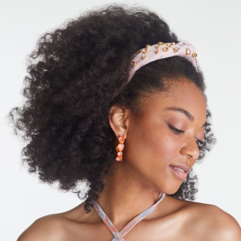 Lele Sadoughi SPARKLING BLUSH VELVET SLIM CANDY JEWELED KNOTTED HEADBAND | pale pink crystal embellished knot detail headbands - flipped