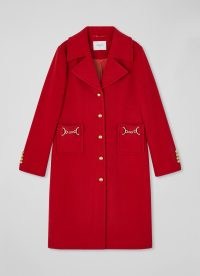 L.K. BENNETT Spencer Red Recycled Wool Blend Snaffle-Detail Coat – women’s winter coats with gold horsebit embellishments – colours of autumn