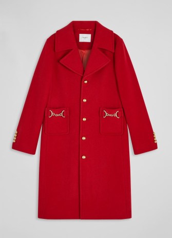 L.K. BENNETT Spencer Red Recycled Wool Blend Snaffle-Detail Coat – women’s winter coats with gold horsebit embellishments – colours of autumn - flipped
