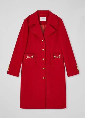L.K. BENNETT Spencer Red Recycled Wool Blend Snaffle-Detail Coat – women’s winter coats with gold horsebit embellishments – colours of autumn