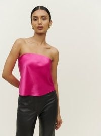 Reformation Spritz Silk Top in Flambe ~ silky hot pink strapless tops