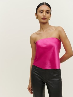 Reformation Spritz Silk Top in Flambe ~ silky hot pink strapless tops - flipped