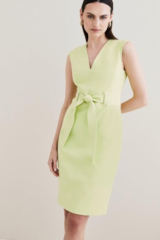 KAREN MILLEN Lime Structured Eyelet Waist Belted Pencil Dress in Lime ~ light green sleeveless tie detail dresses - flipped