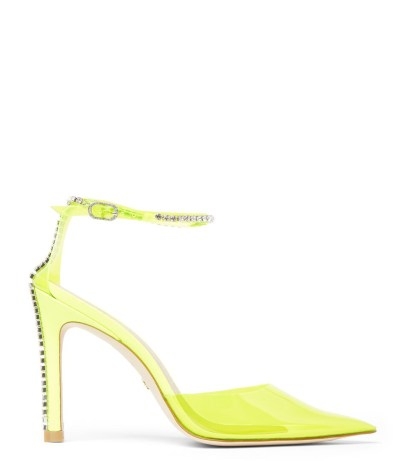 STUART GLAM 100 STRAP PUMP PVC NEON YELLOW ~ bright transparent ankle strap pumps ~ clear embellished occasion shoes ~ Stuart Weitzman glamorous footwear - flipped