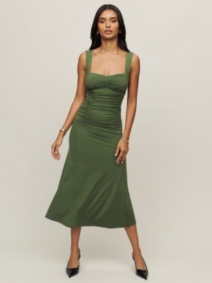 Reformation Suvi Knit Dress in Moss ~ green sleeveless ruched midi dresses ~ sweatheart neckline ~ tank shoulder straps - flipped