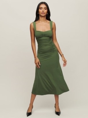 Reformation Suvi Knit Dress in Moss ~ green sleeveless ruched midi dresses ~ sweatheart neckline ~ tank shoulder straps