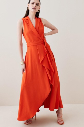 KAREN MILLEN Tailored Halter Collared Belt Maxi Dress Orange / sleeveless wrap style occasion dress / tie waist / women’s asymmetric event clothes