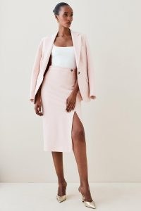 KAREN MILLEN Blush Tailored Stretch Pencil Skirt in Blush ~ pale pink slit hem skirts