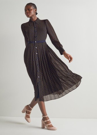 L.K. BENNETT Tallis Navy And Yellow Spot Print Pleated Shirt Dress / long sleeved button front collared dresses / women’s dark blue vintage style polka dot clothes / sheer overlay - flipped