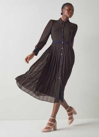 L.K. BENNETT Tallis Navy And Yellow Spot Print Pleated Shirt Dress / long sleeved button front collared dresses / women’s dark blue vintage style polka dot clothes / sheer overlay