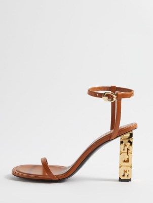 GIVENCHY G-Cube heel 85 leather sandals in tan ~ chic gold metal heel sandal ~ brown designer ankle strap high heels ~ women’s luxury shoes ~ MATCHESFASHION - flipped