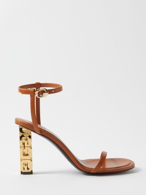 GIVENCHY G-Cube heel 85 leather sandals in tan ~ chic gold metal heel sandal ~ brown designer ankle strap high heels ~ women’s luxury shoes ~ MATCHESFASHION