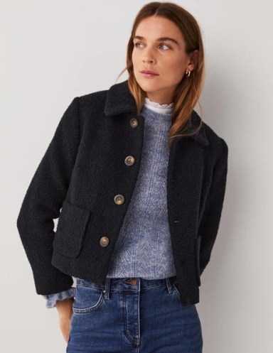 Boden Textured Cropped Wool Jacket ~ women’s dark blue bouclé crop hem jackets ~ womens smart weekend outerwear - flipped
