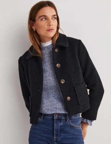 Boden Textured Cropped Wool Jacket ~ women’s dark blue bouclé crop hem jackets ~ womens smart weekend outerwear