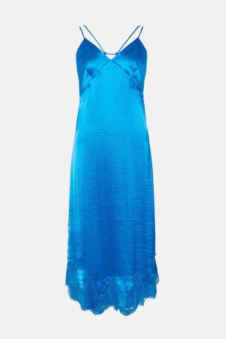 KAREN MILLEN Textured Satin Lace Hem Woven Midi Slip Dress in blue ~ cami shoulder strap evening dresses ~ strappy back detail - flipped