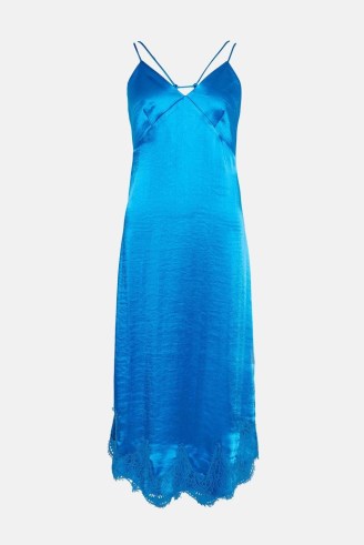 KAREN MILLEN Textured Satin Lace Hem Woven Midi Slip Dress in blue ~ cami shoulder strap evening dresses ~ strappy back detail