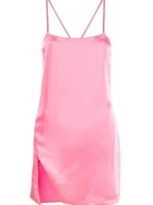 The Attico side-slit slip mini dress in fluorescent pink ~ cami strap dresses ~ crystal embellished spaghetti shoulder straps ~ strappy crisscross back detail ~ split hem ~ evening fashion ~ farfetch