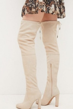 KAREN MILLEN Thigh High Suede Stretch Boot in Ivory ~ over the knee tie detail boots - flipped