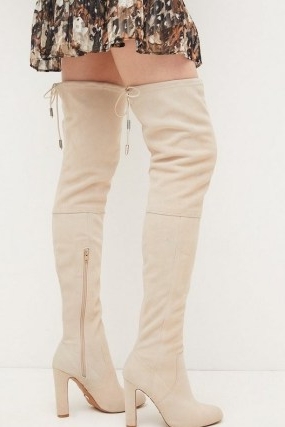 KAREN MILLEN Thigh High Suede Stretch Boot in Ivory ~ over the knee tie detail boots