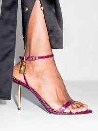TOM FORD Naked croc-embossed heeled sandals in pink / barely there crocodile effect padlock stiletto heels / ankle strap pointed toe high heel shoes / FARFETCH