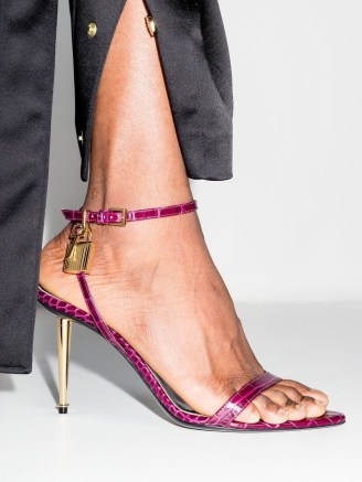TOM FORD Naked croc-embossed heeled sandals in pink / barely there crocodile effect padlock stiletto heels / ankle strap pointed toe high heel shoes / FARFETCH
