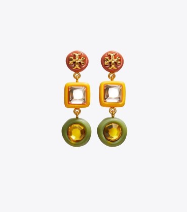 Tory Burch ROXANNE CRYSTAL SMALL DOUBLE-DROP EARRING – statement drops with faceted crystals - flipped