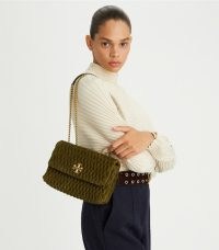 Tory Burch SMALL KIRA RUCHED CONVERTIBLE SHOULDER BAG in Leccio ~ green suede chain strap flap bags ~ chic smocked handbags