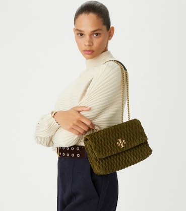 Tory Burch SMALL KIRA RUCHED CONVERTIBLE SHOULDER BAG in Leccio ~ green suede chain strap flap bags ~ chic smocked handbags - flipped