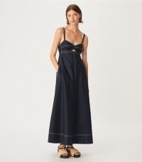 Tory Burch PERFORATED POPLIN CUT-OUT DRESS in Medium Navy ~ sleeveless empire waist fit and flare maxi dresses ~ women’s designer clothes
