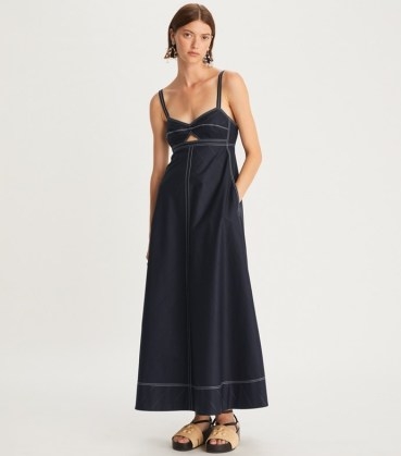 Tory Burch PERFORATED POPLIN CUT-OUT DRESS in Medium Navy ~ sleeveless empire waist fit and flare maxi dresses ~ women’s designer clothes - flipped