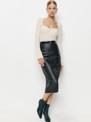 Reformation Veda Bedford Leather Midi Skirt in Black | luxe back slit hem pencil skirts - flipped